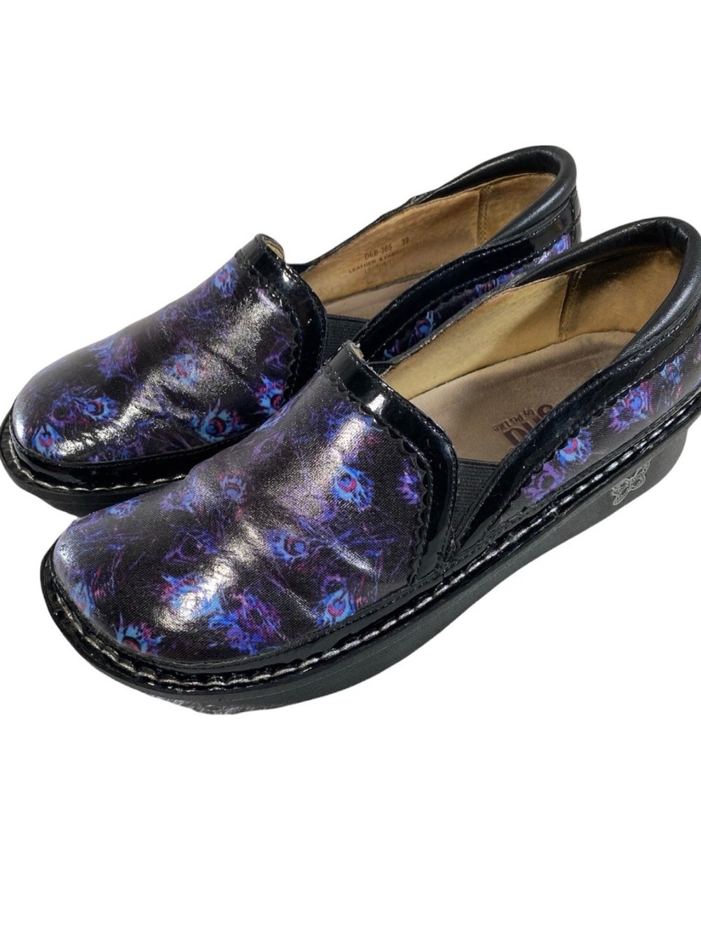 Alegria Debra Clogs Women EU 39 US 8.5 Black Purple Floral Leather
